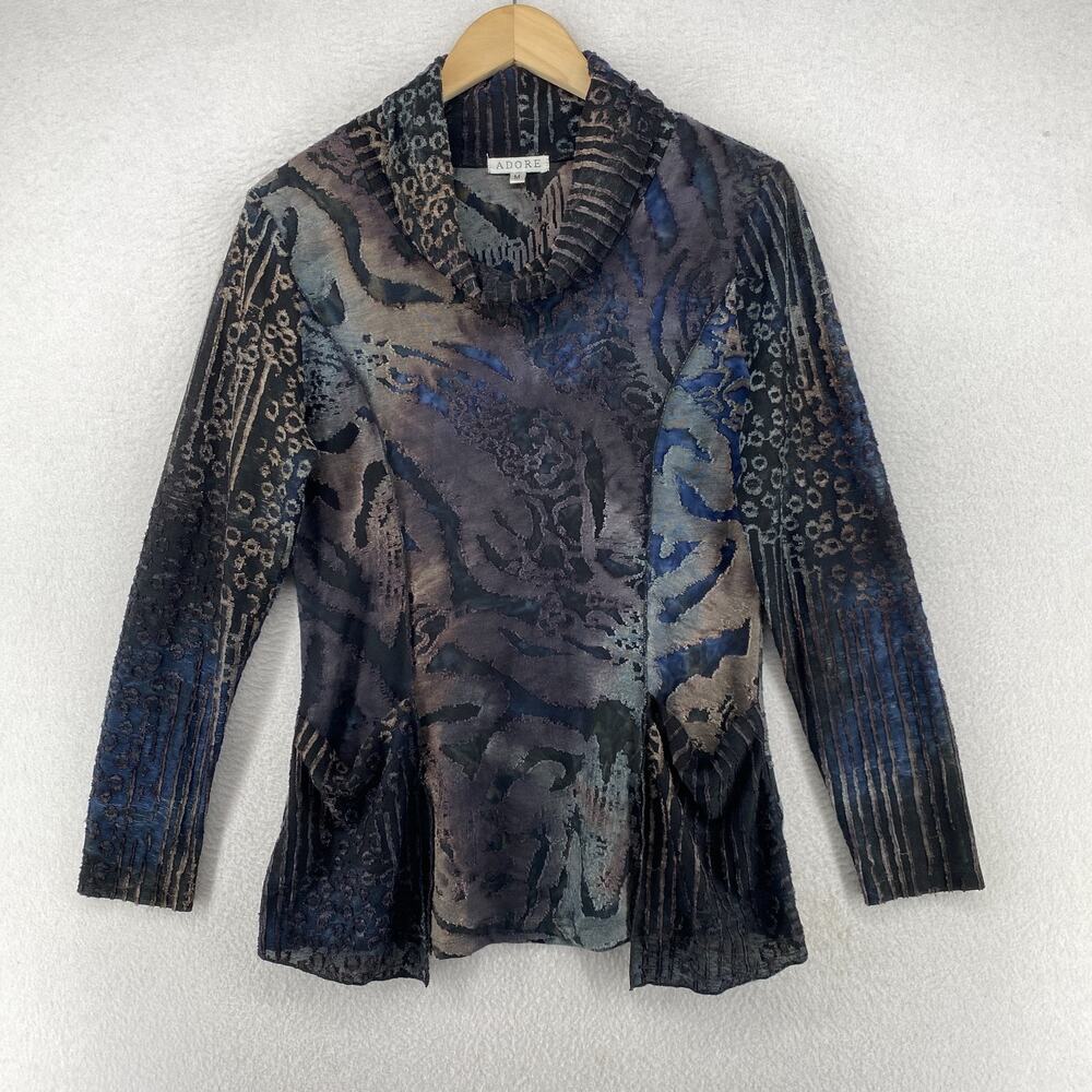 ADORE Blouse M Geometric Textured Cowl Neck Boho Long Sleeve Black